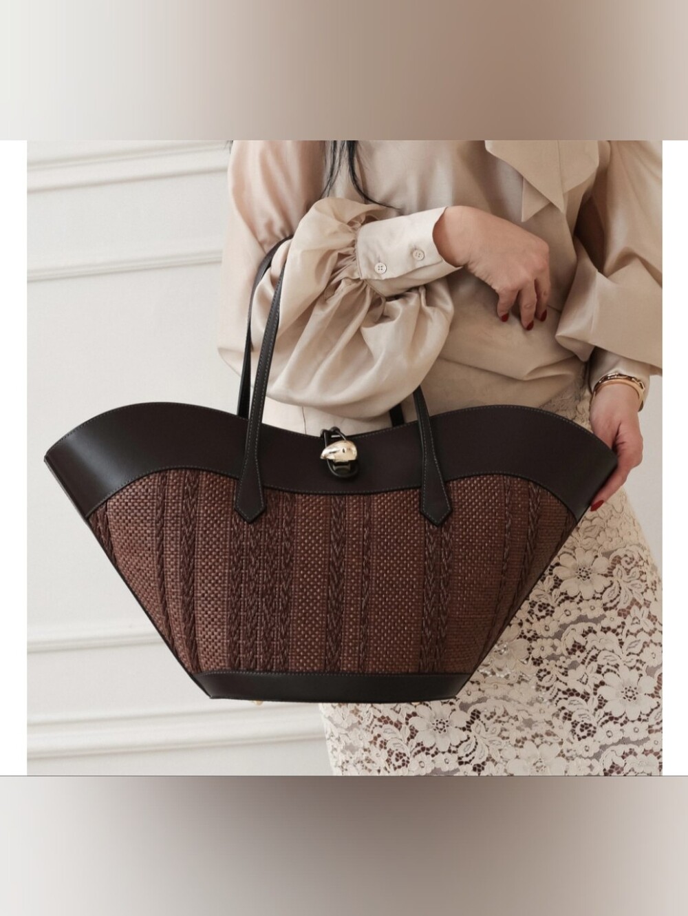 Cheval Firenze Brown Woven Tote with Leather Trim